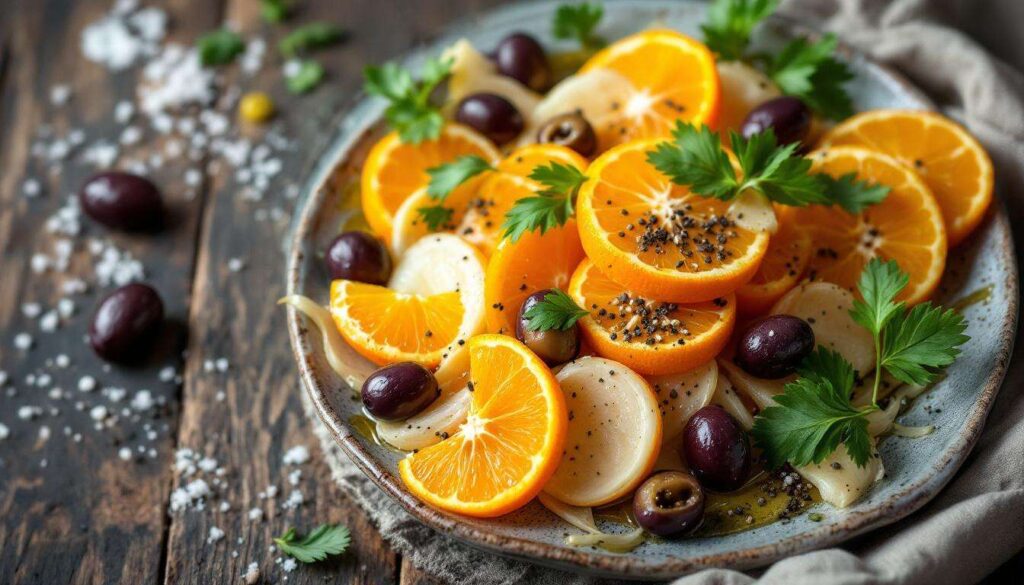 Insalata tiepida di finocchi, arance, olive taggiasche e acciughe