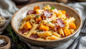 Pasta zucca e speck cremosa senza panna: il trucco dell’acqua di cottura