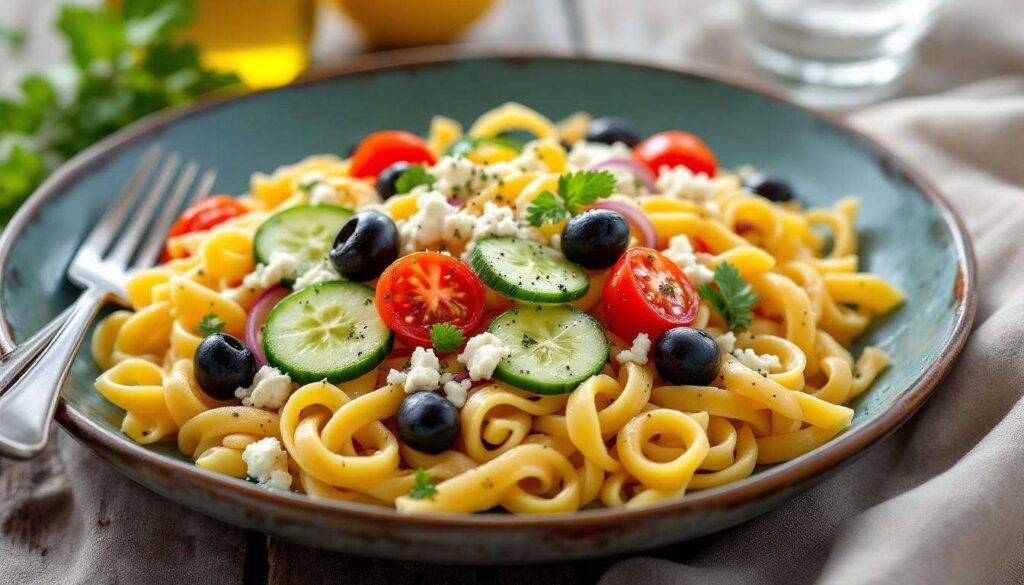 Pasta fredda alla greca con feta e olive: fresca, saporita e pronta in anticipo