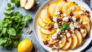 Carpaccio di pere con feta, noci e uvetta: antipasto fresco pronto in pochi minuti