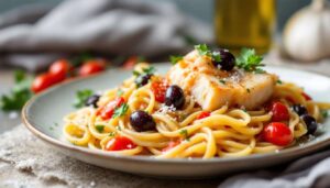 Paccheri al baccalà con pomodoro e olive taggiasche: il primo di pesce che si fa in poco tempo