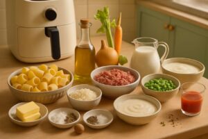 Pasta salvadomenica in friggitrice ad aria: mezze maniche cremose con ragù, piselli e besciamella