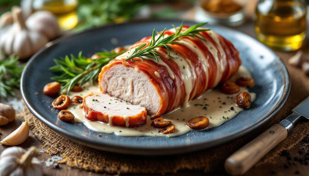 Arista ripiena avvolta nella pancetta: arrosto morbido con funghi e salsa al latte