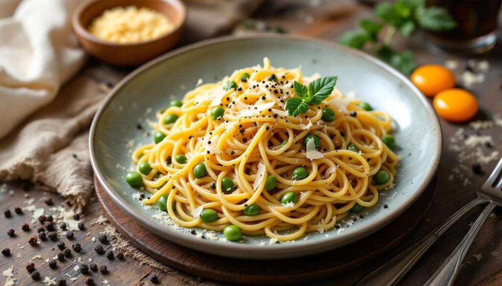 Carbonara rivisitata con legumi: fagioli di Lima, pepe e parmigiano